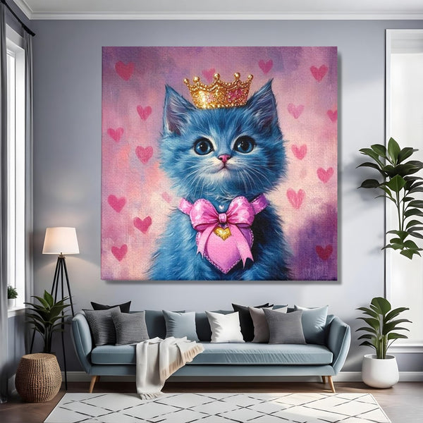 Tablou Canvas Premium, LuxCanva® M1166, Printesa cu Fundita Roz, Pastel, Coroana, Printesa, Adorabil, Pisica, Pufos, Roz, Inima, Fundita, Dragut, Portret, Birou, Living, Camera Copil