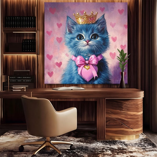 Tablou Canvas Premium, LuxCanva® M1166, Printesa cu Fundita Roz, Pastel, Coroana, Printesa, Adorabil, Pisica, Pufos, Roz, Inima, Fundita, Dragut, Portret, Birou, Living, Camera Copil