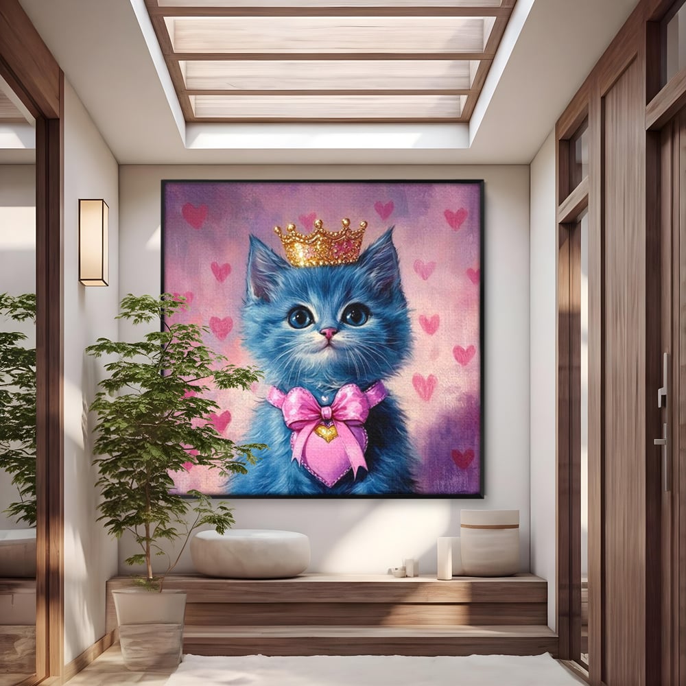 Tablou Canvas Premium, LuxCanva® M1166, Printesa cu Fundita Roz, Pastel, Coroana, Printesa, Adorabil, Pisica, Pufos, Roz, Inima, Fundita, Dragut, Portret, Birou, Living, Camera Copil
