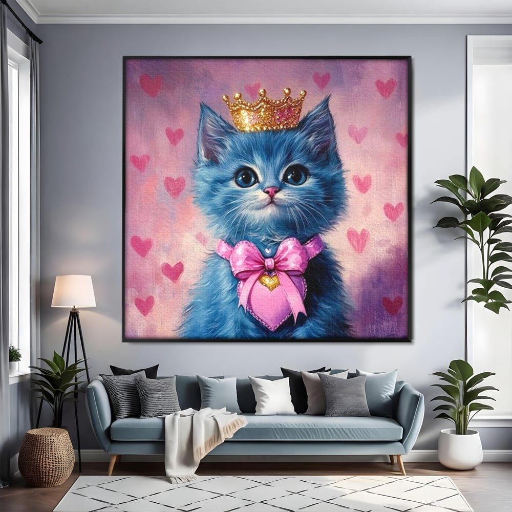 Tablou Canvas Premium, LuxCanva® M1166, Printesa cu Fundita Roz, Pastel, Coroana, Printesa, Adorabil, Pisica, Pufos, Roz, Inima, Fundita, Dragut, Portret, Birou, Living, Camera Copil