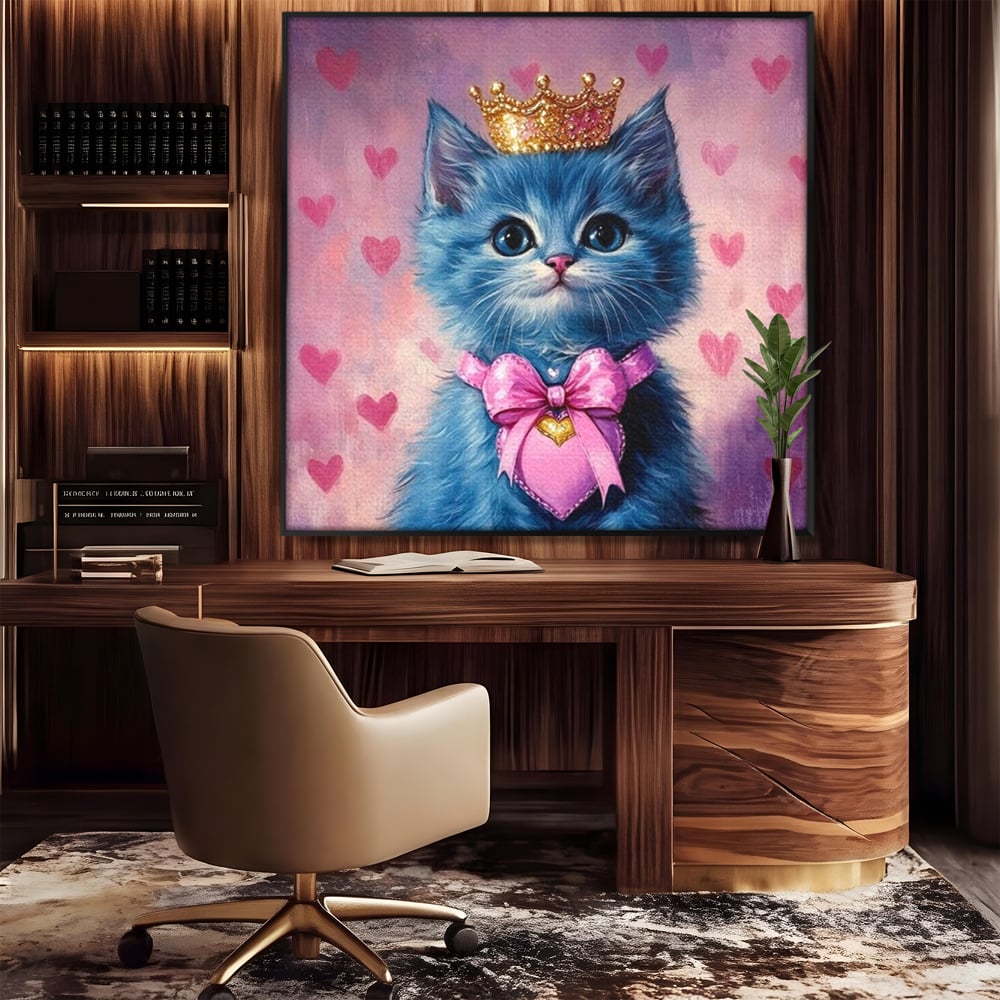 Tablou Canvas Premium, LuxCanva® M1166, Printesa cu Fundita Roz, Pastel, Coroana, Printesa, Adorabil, Pisica, Pufos, Roz, Inima, Fundita, Dragut, Portret, Birou, Living, Camera Copil