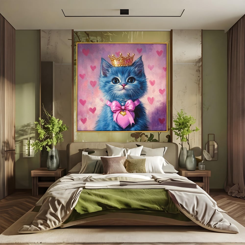 Tablou Canvas Premium, LuxCanva® M1166, Printesa cu Fundita Roz, Pastel, Coroana, Printesa, Adorabil, Pisica, Pufos, Roz, Inima, Fundita, Dragut, Portret, Birou, Living, Camera Copil