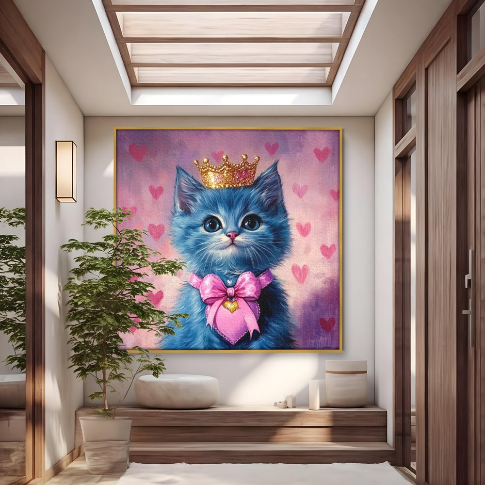 Tablou Canvas Premium, LuxCanva® M1166, Printesa cu Fundita Roz, Pastel, Coroana, Printesa, Adorabil, Pisica, Pufos, Roz, Inima, Fundita, Dragut, Portret, Birou, Living, Camera Copil