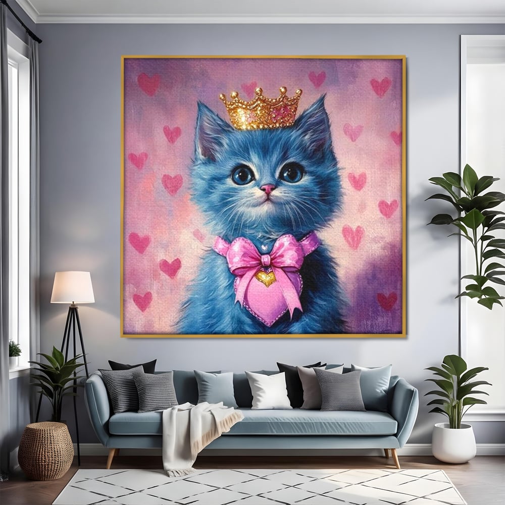 Tablou Canvas Premium, LuxCanva® M1166, Printesa cu Fundita Roz, Pastel, Coroana, Printesa, Adorabil, Pisica, Pufos, Roz, Inima, Fundita, Dragut, Portret, Birou, Living, Camera Copil