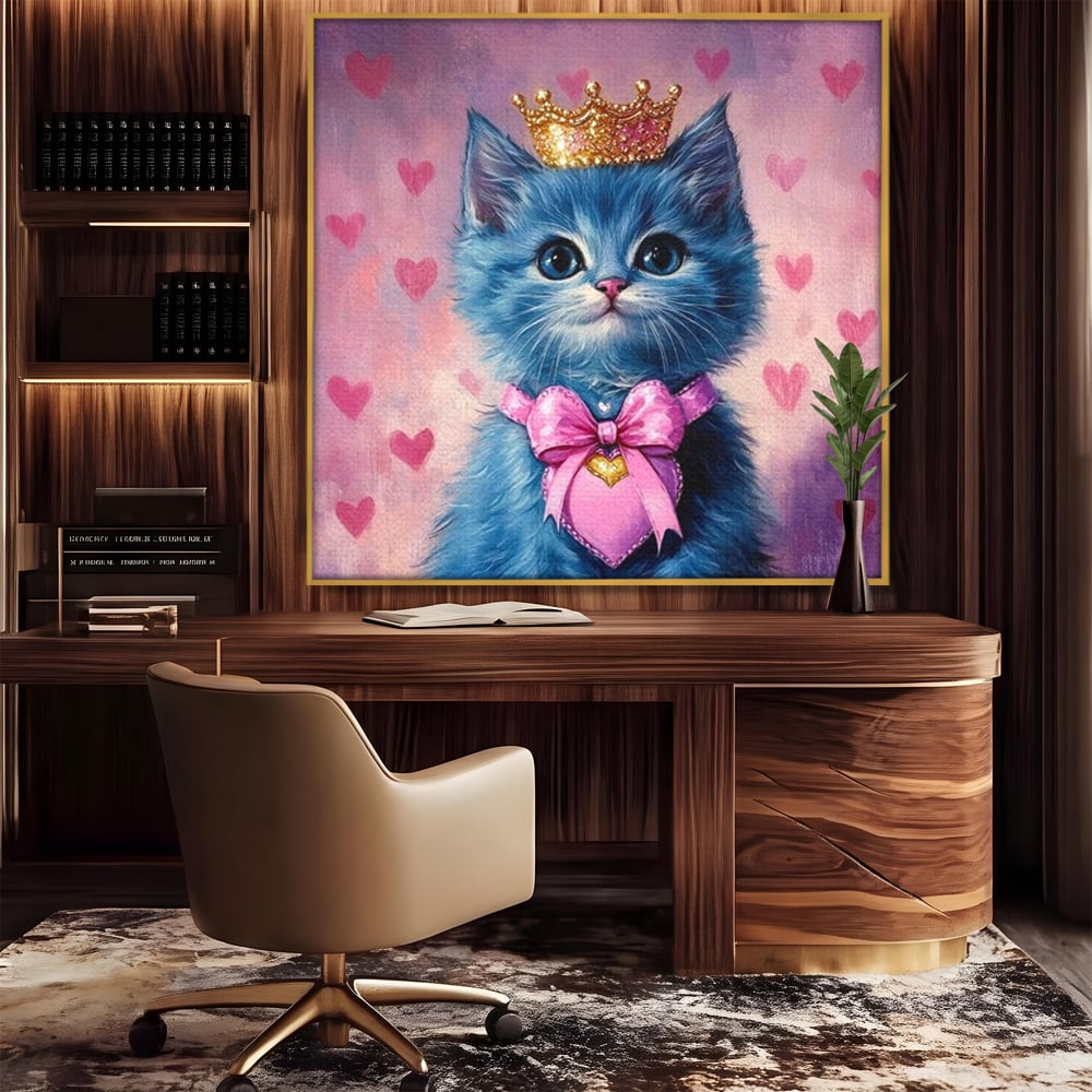 Tablou Canvas Premium, LuxCanva® M1166, Printesa cu Fundita Roz, Pastel, Coroana, Printesa, Adorabil, Pisica, Pufos, Roz, Inima, Fundita, Dragut, Portret, Birou, Living, Camera Copil