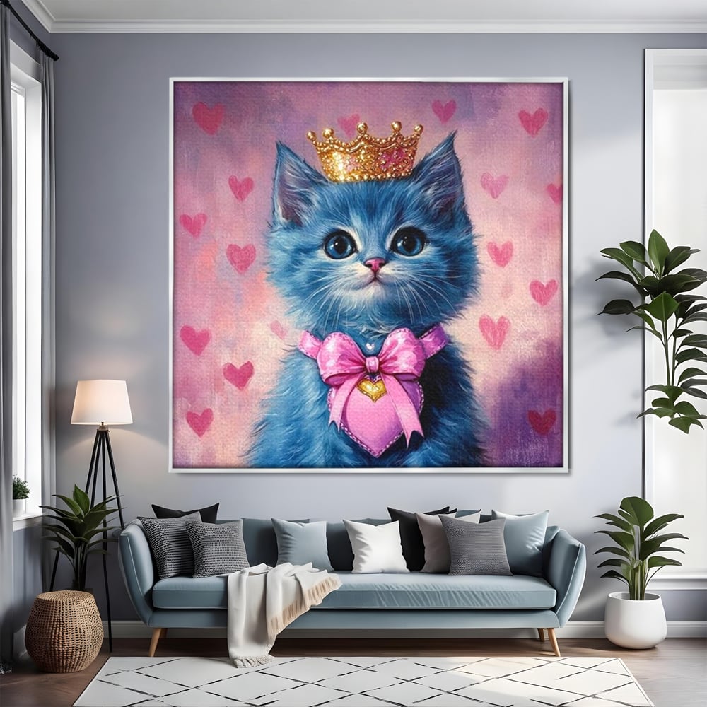 Tablou Canvas Premium, LuxCanva® M1166, Printesa cu Fundita Roz, Pastel, Coroana, Printesa, Adorabil, Pisica, Pufos, Roz, Inima, Fundita, Dragut, Portret, Birou, Living, Camera Copil