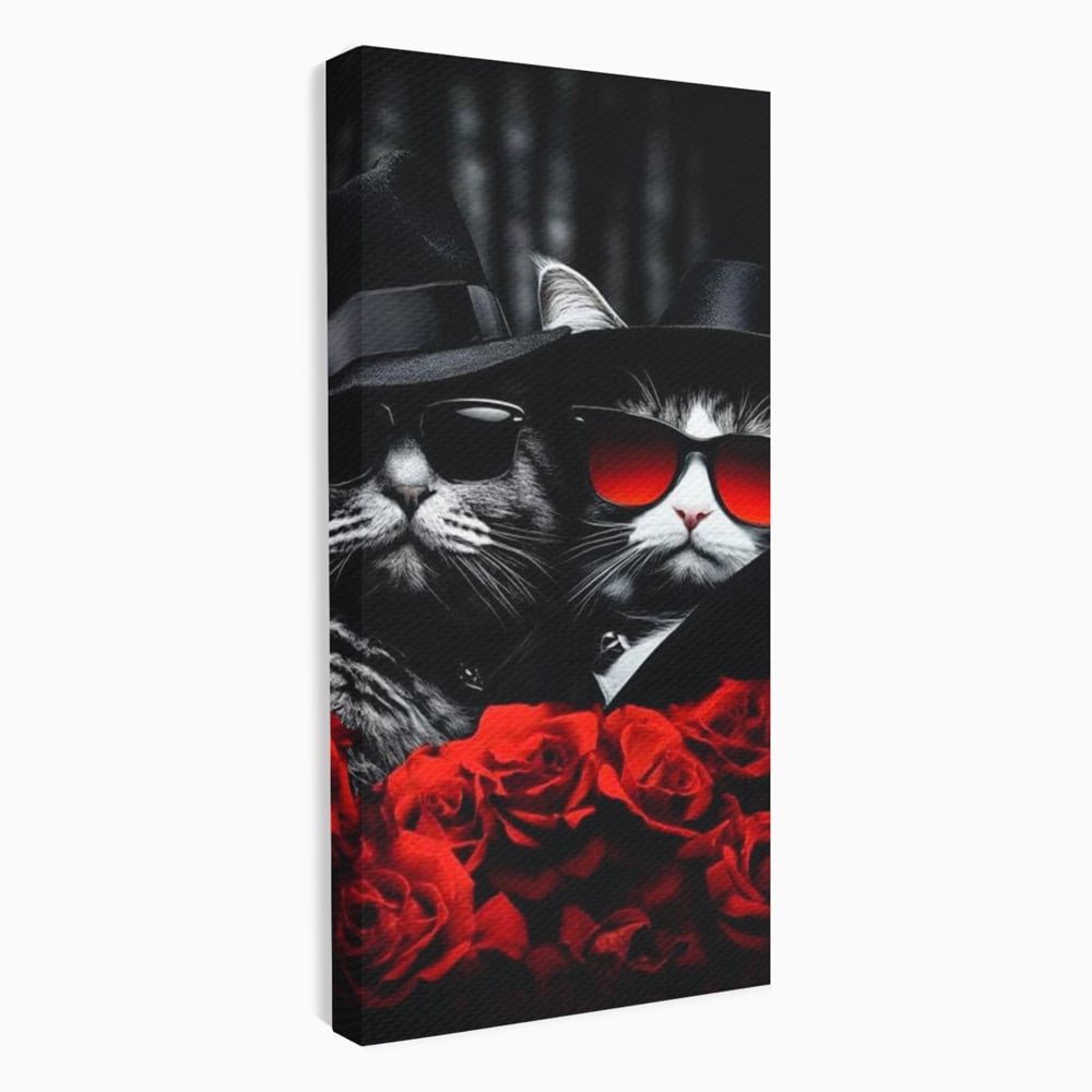 Tablou Canvas Premium, LuxCanva® M1167, Mafia Felina, Gangster, Mafie, Pisici, Feline, Trandafiri, Ochelari, Palarii, Romantic, Moda, Intunecat, Lux, Sarm, Birou, Living, Camera Copil