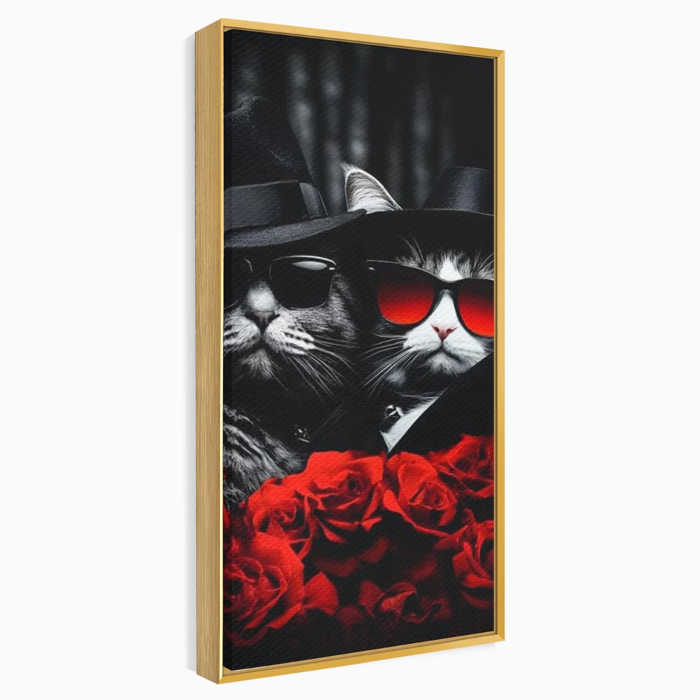 Tablou Canvas Premium, LuxCanva® M1167, Mafia Felina, Gangster, Mafie, Pisici, Feline, Trandafiri, Ochelari, Palarii, Romantic, Moda, Intunecat, Lux, Sarm, Birou, Living, Camera Copil