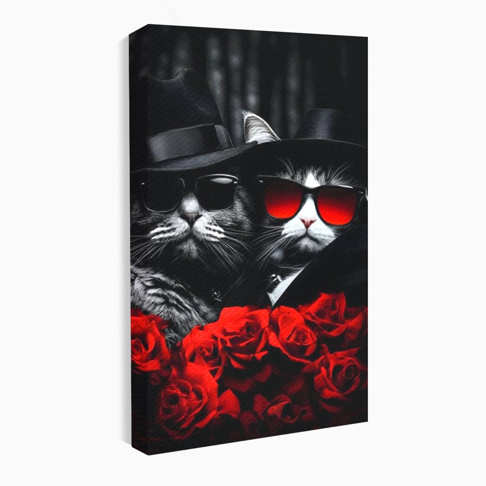 Tablou Canvas Premium, LuxCanva® M1167, Mafia Felina, Gangster, Mafie, Pisici, Feline, Trandafiri, Ochelari, Palarii, Romantic, Moda, Intunecat, Lux, Sarm, Birou, Living, Camera Copil