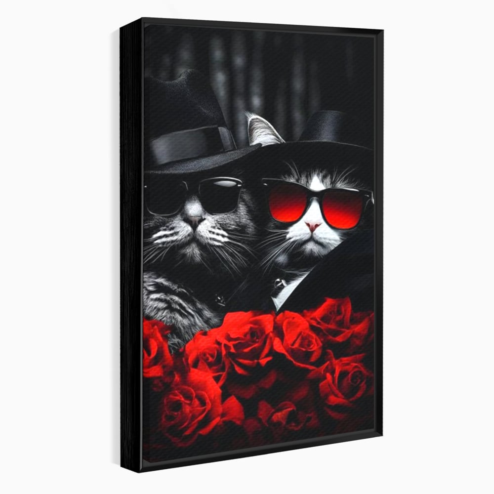 Tablou Canvas Premium, LuxCanva® M1167, Mafia Felina, Gangster, Mafie, Pisici, Feline, Trandafiri, Ochelari, Palarii, Romantic, Moda, Intunecat, Lux, Sarm, Birou, Living, Camera Copil