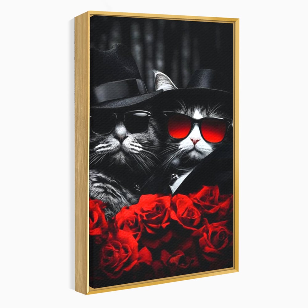 Tablou Canvas Premium, LuxCanva® M1167, Mafia Felina, Gangster, Mafie, Pisici, Feline, Trandafiri, Ochelari, Palarii, Romantic, Moda, Intunecat, Lux, Sarm, Birou, Living, Camera Copil