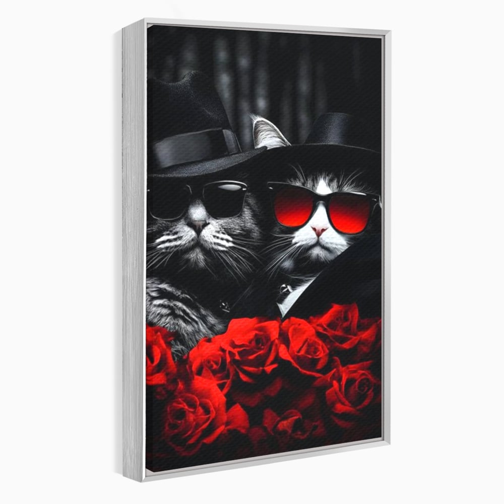 Tablou Canvas Premium, LuxCanva® M1167, Mafia Felina, Gangster, Mafie, Pisici, Feline, Trandafiri, Ochelari, Palarii, Romantic, Moda, Intunecat, Lux, Sarm, Birou, Living, Camera Copil