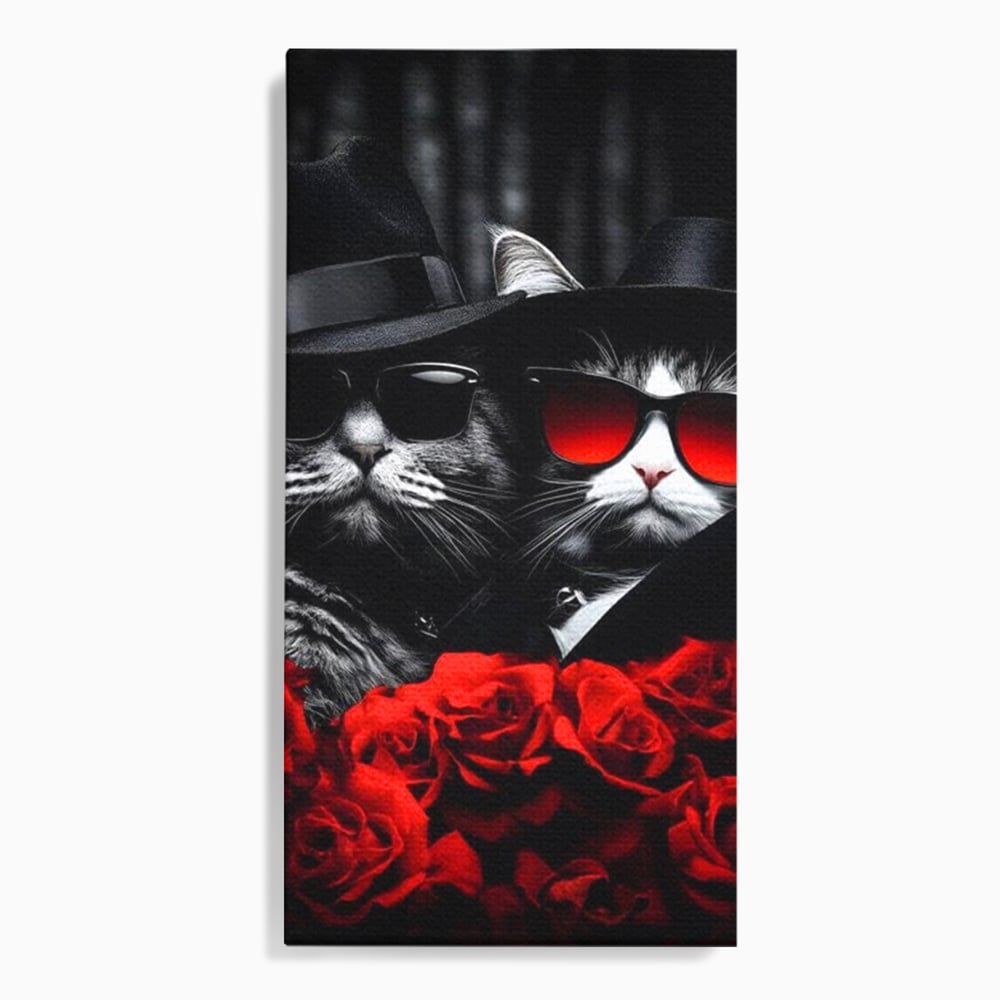 Tablou Canvas Premium, LuxCanva® M1167, Mafia Felina, Gangster, Mafie, Pisici, Feline, Trandafiri, Ochelari, Palarii, Romantic, Moda, Intunecat, Lux, Sarm, Birou, Living, Camera Copil