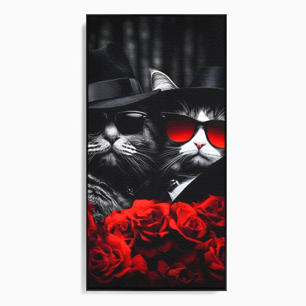 Tablou Canvas Premium, LuxCanva® M1167, Mafia Felina, Gangster, Mafie, Pisici, Feline, Trandafiri, Ochelari, Palarii, Romantic, Moda, Intunecat, Lux, Sarm, Birou, Living, Camera Copil