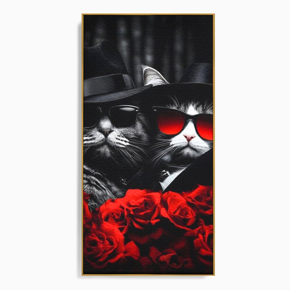 Tablou Canvas Premium, LuxCanva® M1167, Mafia Felina, Gangster, Mafie, Pisici, Feline, Trandafiri, Ochelari, Palarii, Romantic, Moda, Intunecat, Lux, Sarm, Birou, Living, Camera Copil