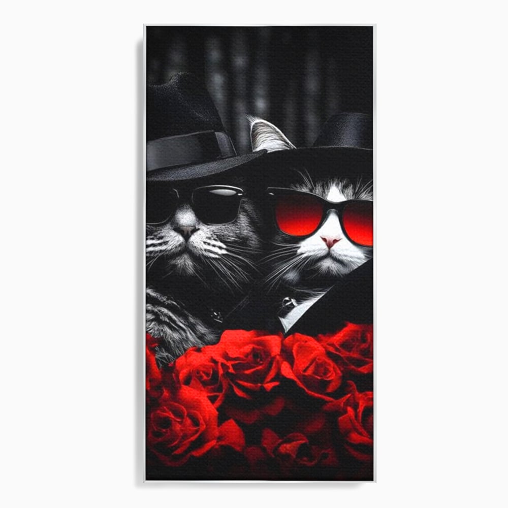 Tablou Canvas Premium, LuxCanva® M1167, Mafia Felina, Gangster, Mafie, Pisici, Feline, Trandafiri, Ochelari, Palarii, Romantic, Moda, Intunecat, Lux, Sarm, Birou, Living, Camera Copil