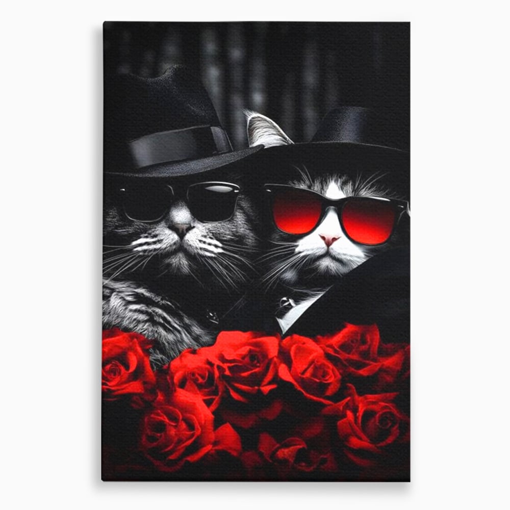 Tablou Canvas Premium, LuxCanva® M1167, Mafia Felina, Gangster, Mafie, Pisici, Feline, Trandafiri, Ochelari, Palarii, Romantic, Moda, Intunecat, Lux, Sarm, Birou, Living, Camera Copil
