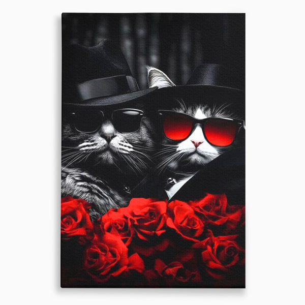 Tablou Canvas Premium, LuxCanva® M1167, Mafia Felina, Gangster, Mafie, Pisici, Feline, Trandafiri, Ochelari, Palarii, Romantic, Moda, Intunecat, Lux, Sarm, Birou, Living, Camera Copil