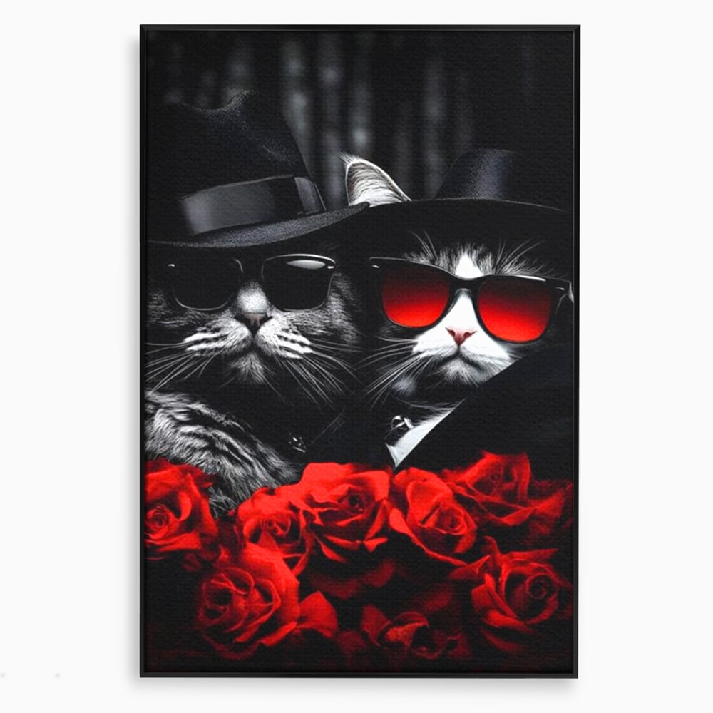 Tablou Canvas Premium, LuxCanva® M1167, Mafia Felina, Gangster, Mafie, Pisici, Feline, Trandafiri, Ochelari, Palarii, Romantic, Moda, Intunecat, Lux, Sarm, Birou, Living, Camera Copil