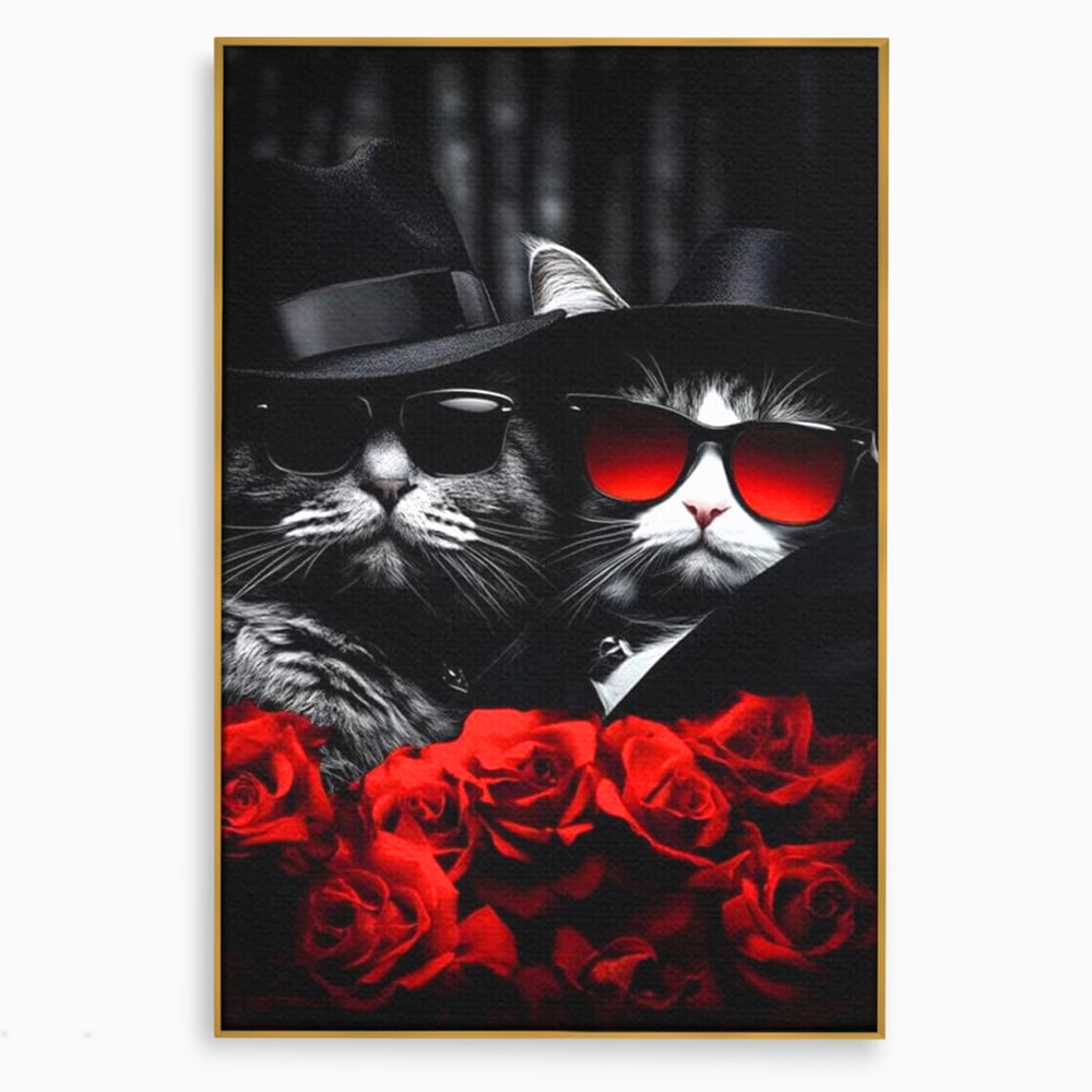 Tablou Canvas Premium, LuxCanva® M1167, Mafia Felina, Gangster, Mafie, Pisici, Feline, Trandafiri, Ochelari, Palarii, Romantic, Moda, Intunecat, Lux, Sarm, Birou, Living, Camera Copil