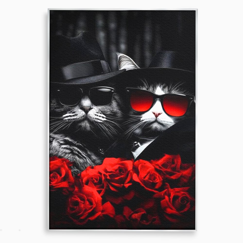 Tablou Canvas Premium, LuxCanva® M1167, Mafia Felina, Gangster, Mafie, Pisici, Feline, Trandafiri, Ochelari, Palarii, Romantic, Moda, Intunecat, Lux, Sarm, Birou, Living, Camera Copil