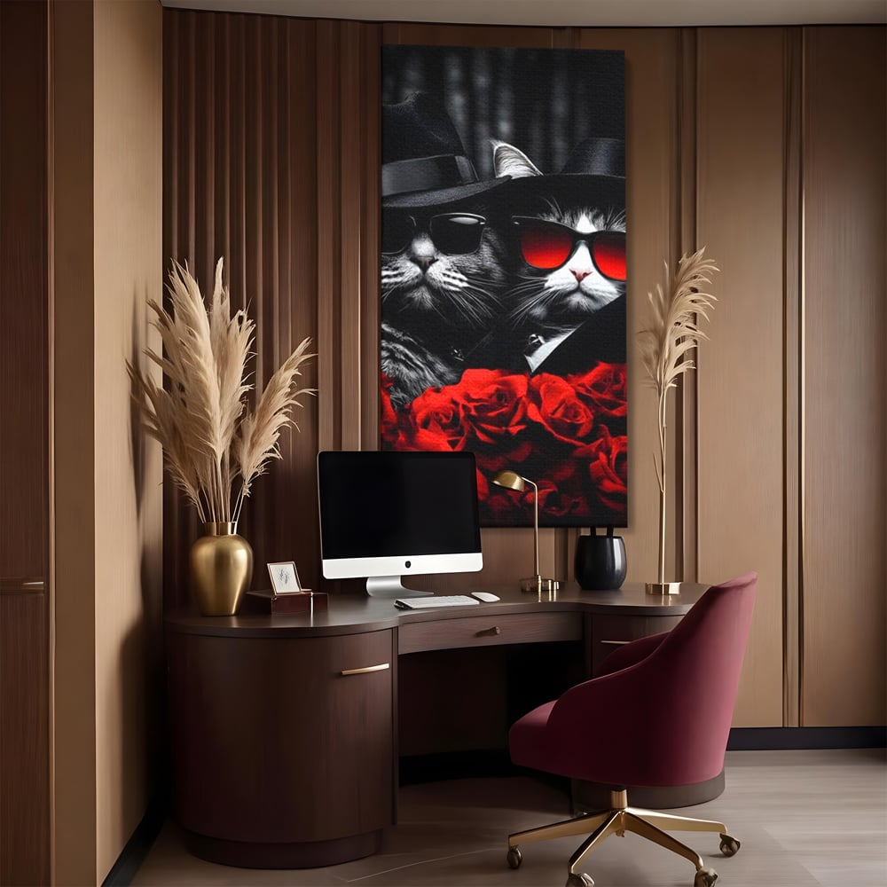 Tablou Canvas Premium, LuxCanva® M1167, Mafia Felina, Gangster, Mafie, Pisici, Feline, Trandafiri, Ochelari, Palarii, Romantic, Moda, Intunecat, Lux, Sarm, Birou, Living, Camera Copil