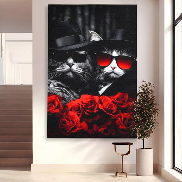 Tablou Canvas Premium, LuxCanva® M1167, Mafia Felina, Gangster, Mafie, Pisici, Feline, Trandafiri, Ochelari, Palarii, Romantic, Moda, Intunecat, Lux, Sarm, Birou, Living, Camera Copil