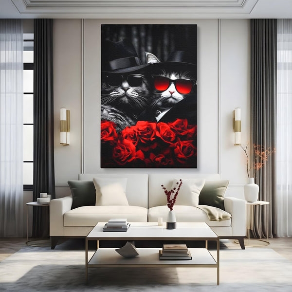 Tablou Canvas Premium, LuxCanva® M1167, Mafia Felina, Gangster, Mafie, Pisici, Feline, Trandafiri, Ochelari, Palarii, Romantic, Moda, Intunecat, Lux, Sarm, Birou, Living, Camera Copil