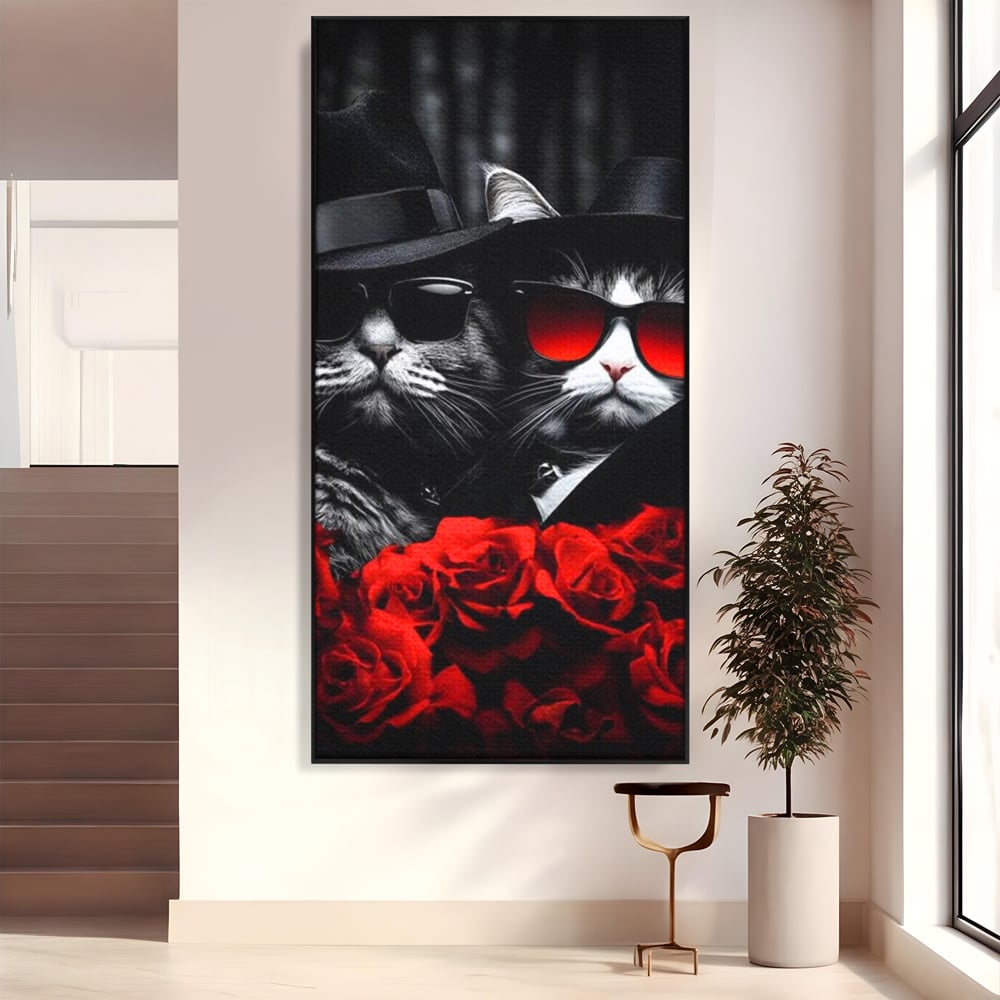 Tablou Canvas Premium, LuxCanva® M1167, Mafia Felina, Gangster, Mafie, Pisici, Feline, Trandafiri, Ochelari, Palarii, Romantic, Moda, Intunecat, Lux, Sarm, Birou, Living, Camera Copil