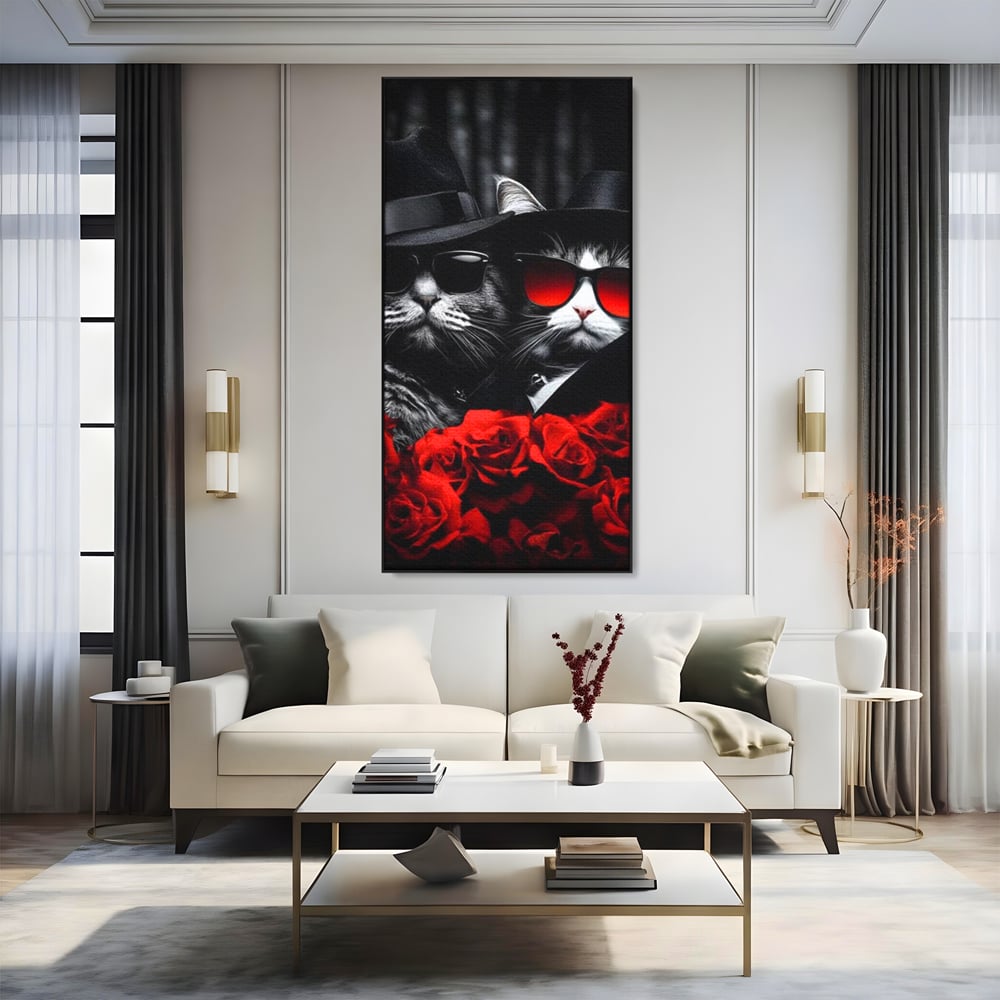 Tablou Canvas Premium, LuxCanva® M1167, Mafia Felina, Gangster, Mafie, Pisici, Feline, Trandafiri, Ochelari, Palarii, Romantic, Moda, Intunecat, Lux, Sarm, Birou, Living, Camera Copil