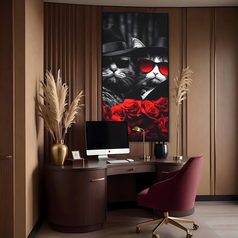 Tablou Canvas Premium, LuxCanva® M1167, Mafia Felina, Gangster, Mafie, Pisici, Feline, Trandafiri, Ochelari, Palarii, Romantic, Moda, Intunecat, Lux, Sarm, Birou, Living, Camera Copil