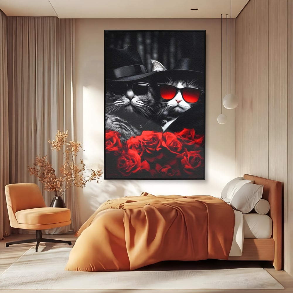 Tablou Canvas Premium, LuxCanva® M1167, Mafia Felina, Gangster, Mafie, Pisici, Feline, Trandafiri, Ochelari, Palarii, Romantic, Moda, Intunecat, Lux, Sarm, Birou, Living, Camera Copil