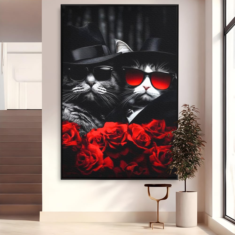 Tablou Canvas Premium, LuxCanva® M1167, Mafia Felina, Gangster, Mafie, Pisici, Feline, Trandafiri, Ochelari, Palarii, Romantic, Moda, Intunecat, Lux, Sarm, Birou, Living, Camera Copil
