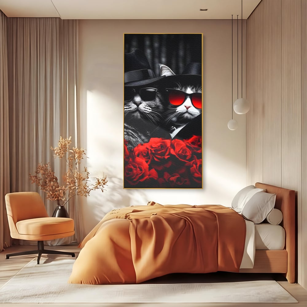Tablou Canvas Premium, LuxCanva® M1167, Mafia Felina, Gangster, Mafie, Pisici, Feline, Trandafiri, Ochelari, Palarii, Romantic, Moda, Intunecat, Lux, Sarm, Birou, Living, Camera Copil
