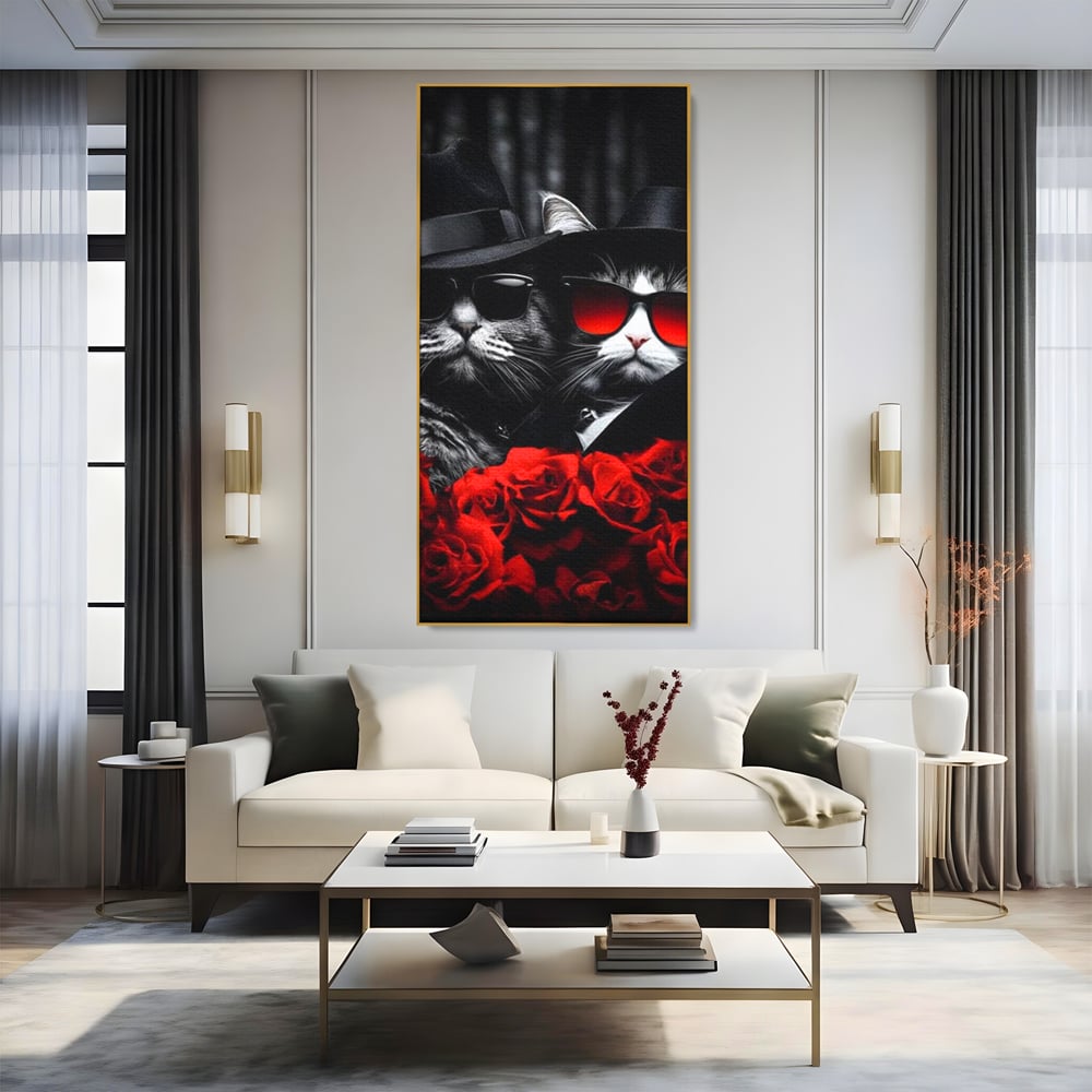 Tablou Canvas Premium, LuxCanva® M1167, Mafia Felina, Gangster, Mafie, Pisici, Feline, Trandafiri, Ochelari, Palarii, Romantic, Moda, Intunecat, Lux, Sarm, Birou, Living, Camera Copil
