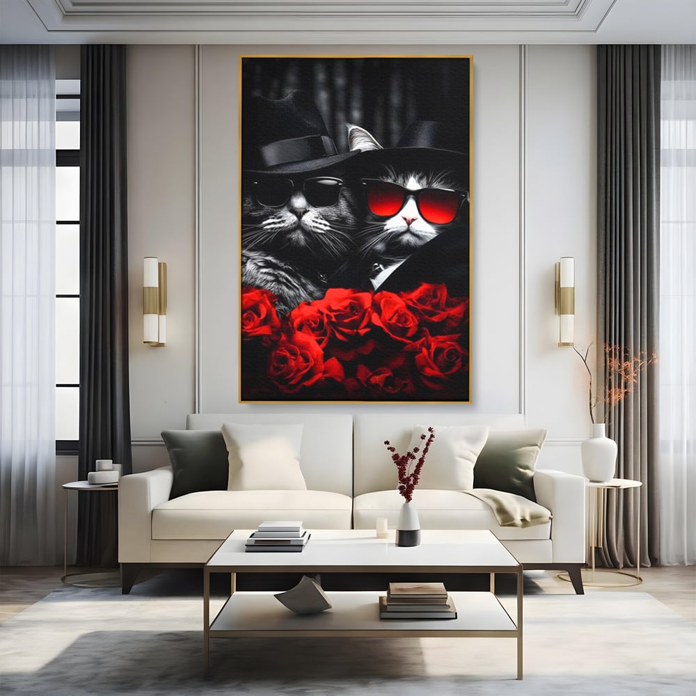 Tablou Canvas Premium, LuxCanva® M1167, Mafia Felina, Gangster, Mafie, Pisici, Feline, Trandafiri, Ochelari, Palarii, Romantic, Moda, Intunecat, Lux, Sarm, Birou, Living, Camera Copil