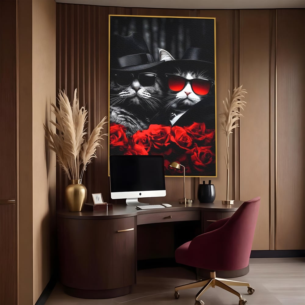 Tablou Canvas Premium, LuxCanva® M1167, Mafia Felina, Gangster, Mafie, Pisici, Feline, Trandafiri, Ochelari, Palarii, Romantic, Moda, Intunecat, Lux, Sarm, Birou, Living, Camera Copil