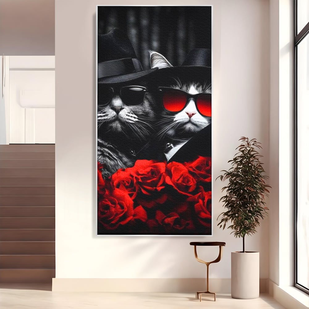 Tablou Canvas Premium, LuxCanva® M1167, Mafia Felina, Gangster, Mafie, Pisici, Feline, Trandafiri, Ochelari, Palarii, Romantic, Moda, Intunecat, Lux, Sarm, Birou, Living, Camera Copil