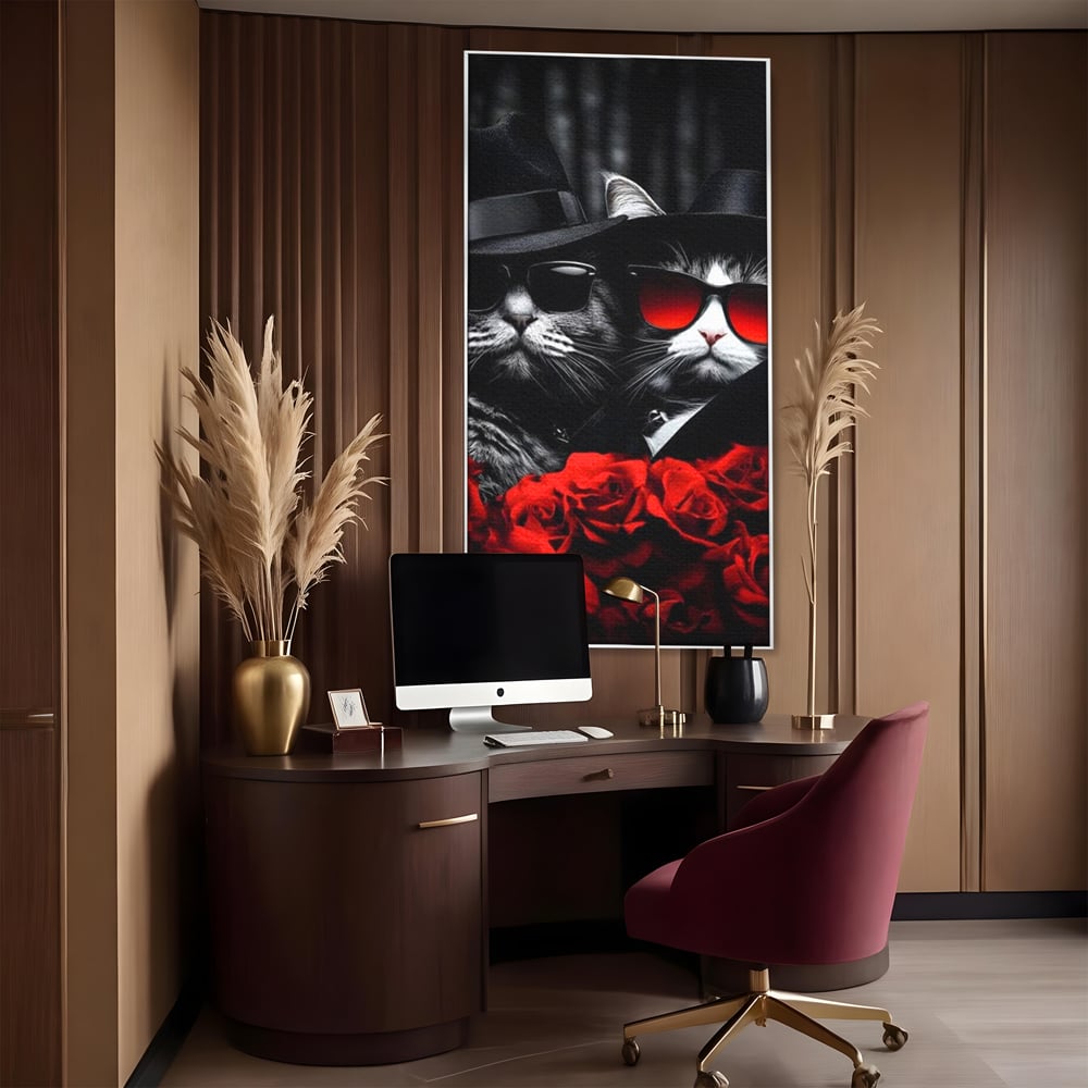 Tablou Canvas Premium, LuxCanva® M1167, Mafia Felina, Gangster, Mafie, Pisici, Feline, Trandafiri, Ochelari, Palarii, Romantic, Moda, Intunecat, Lux, Sarm, Birou, Living, Camera Copil