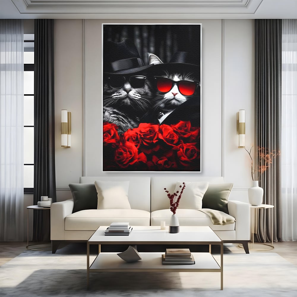 Tablou Canvas Premium, LuxCanva® M1167, Mafia Felina, Gangster, Mafie, Pisici, Feline, Trandafiri, Ochelari, Palarii, Romantic, Moda, Intunecat, Lux, Sarm, Birou, Living, Camera Copil