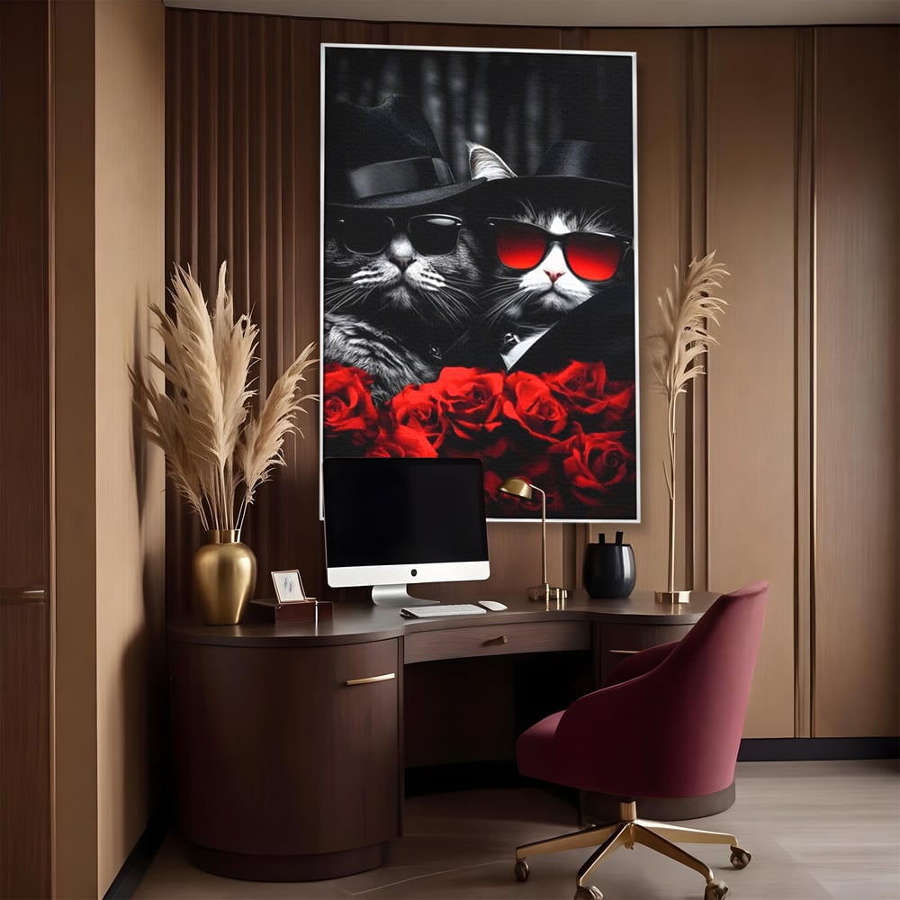 Tablou Canvas Premium, LuxCanva® M1167, Mafia Felina, Gangster, Mafie, Pisici, Feline, Trandafiri, Ochelari, Palarii, Romantic, Moda, Intunecat, Lux, Sarm, Birou, Living, Camera Copil