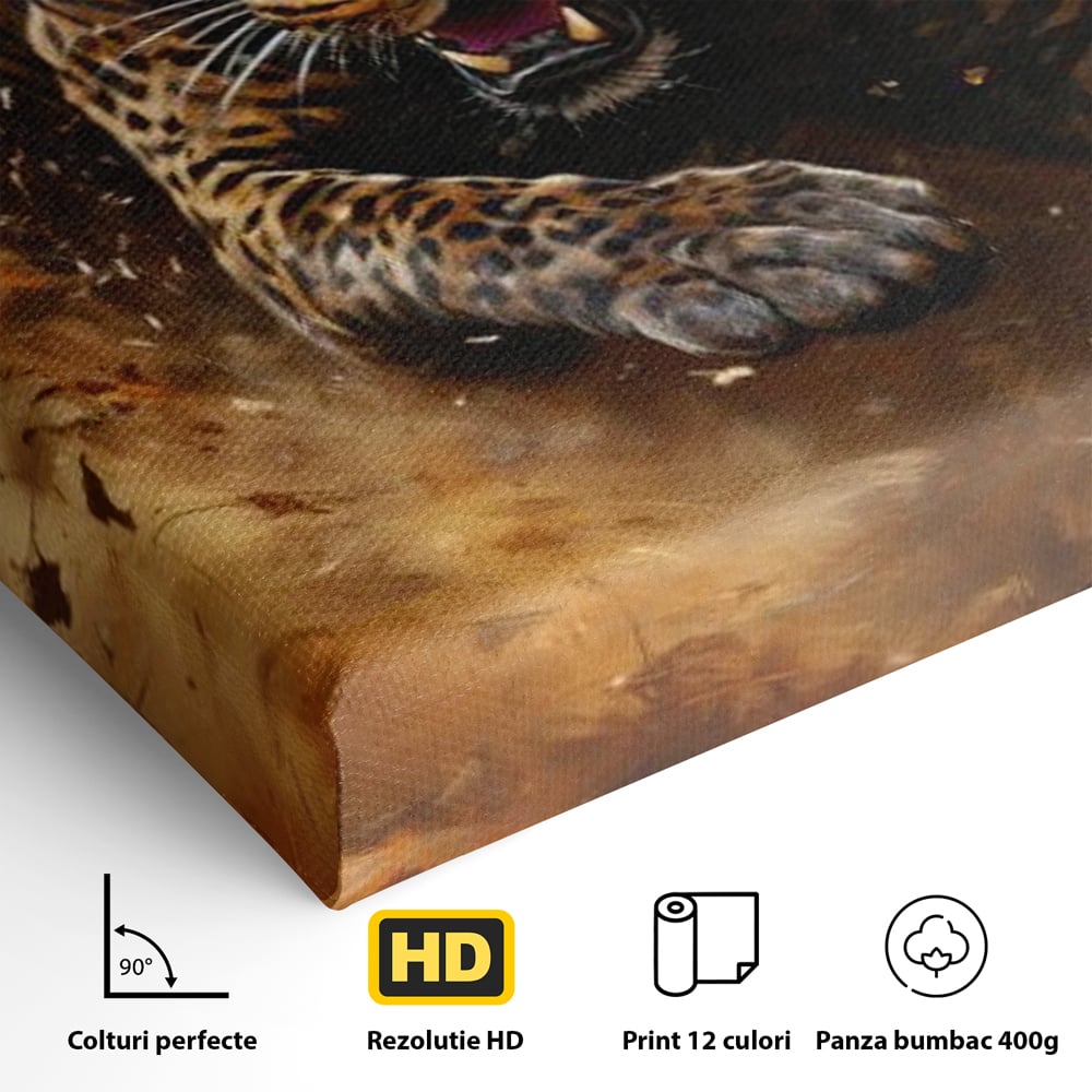 Leinwand Wandkunst Canvas Premium, LuxCanva® M1169, Feline Tornado, Leopard, Geschwindigkeit, Wild, Jagd, Feline, Tier, Natur, Dschungel, Dynamik, Kraft, Staub, Mut, Büro, Wohnen, Kinderzimmer