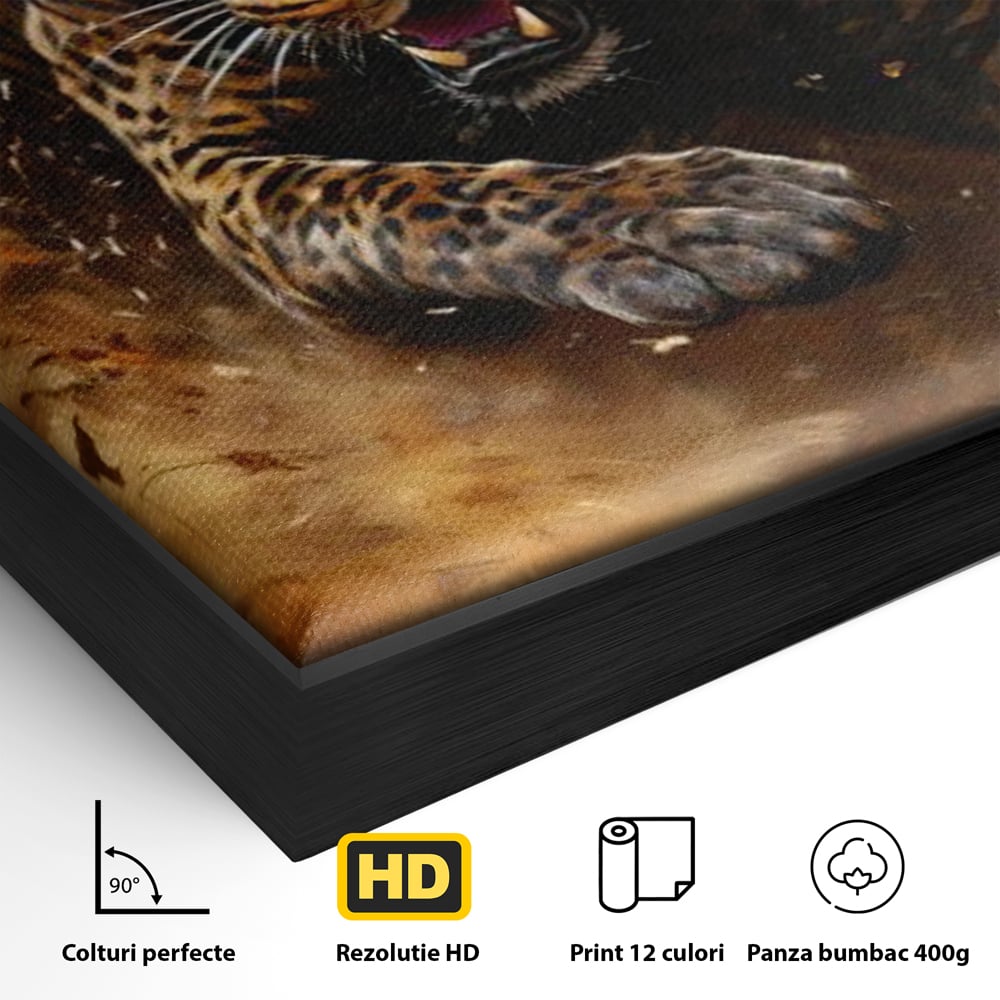 Leinwand Wandkunst Canvas Premium, LuxCanva® M1169, Feline Tornado, Leopard, Geschwindigkeit, Wild, Jagd, Feline, Tier, Natur, Dschungel, Dynamik, Kraft, Staub, Mut, Büro, Wohnen, Kinderzimmer