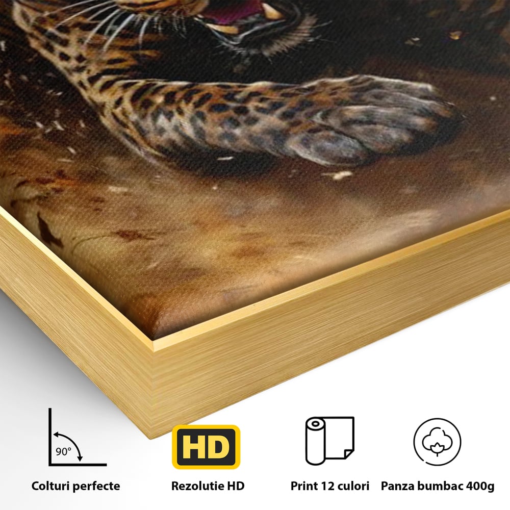 Leinwand Wandkunst Canvas Premium, LuxCanva® M1169, Feline Tornado, Leopard, Geschwindigkeit, Wild, Jagd, Feline, Tier, Natur, Dschungel, Dynamik, Kraft, Staub, Mut, Büro, Wohnen, Kinderzimmer