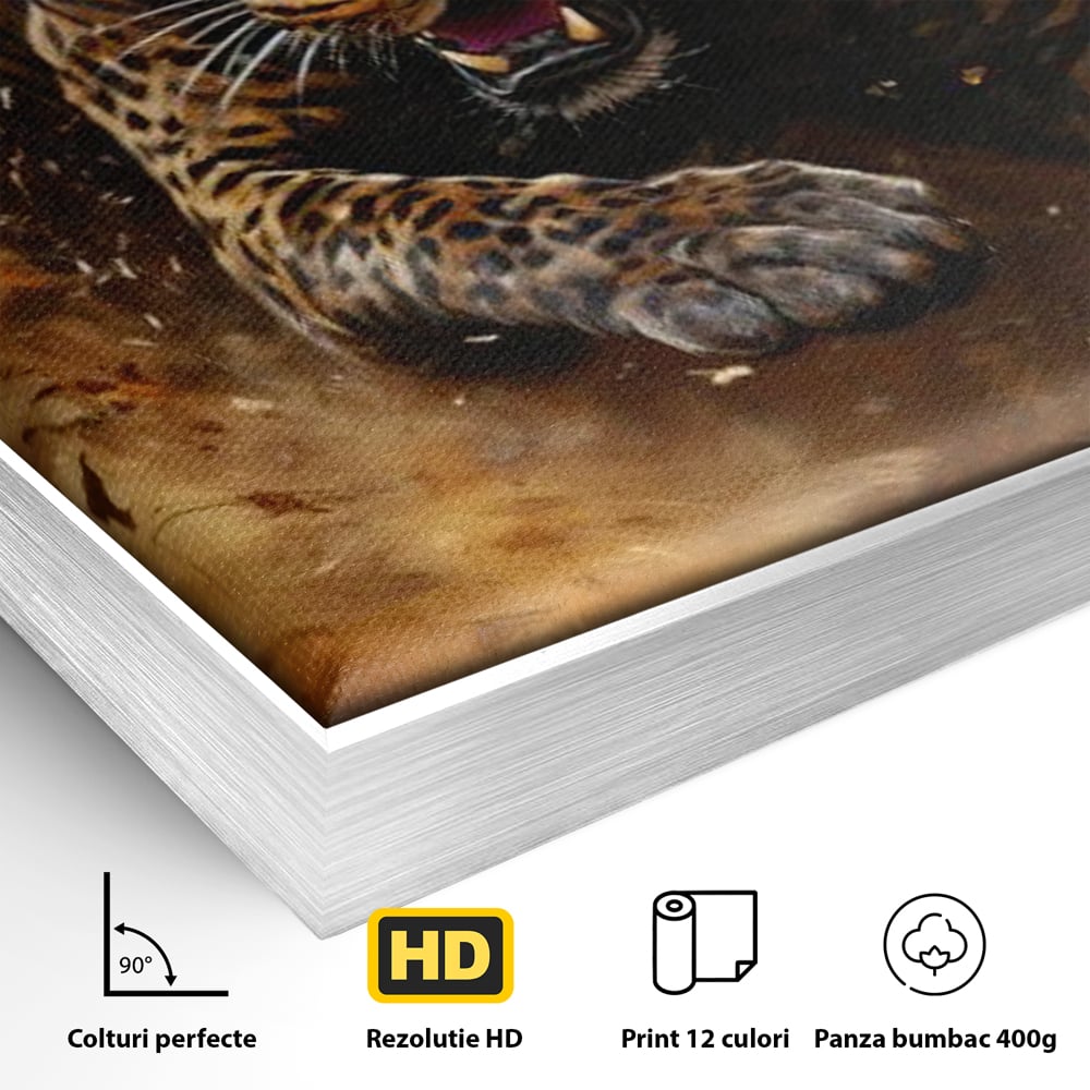 Leinwand Wandkunst Canvas Premium, LuxCanva® M1169, Feline Tornado, Leopard, Geschwindigkeit, Wild, Jagd, Feline, Tier, Natur, Dschungel, Dynamik, Kraft, Staub, Mut, Büro, Wohnen, Kinderzimmer