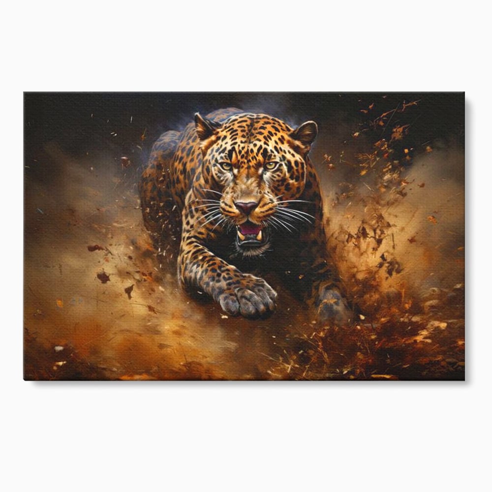Leinwand Wandkunst Canvas Premium, LuxCanva® M1169, Feline Tornado, Leopard, Geschwindigkeit, Wild, Jagd, Feline, Tier, Natur, Dschungel, Dynamik, Kraft, Staub, Mut, Büro, Wohnen, Kinderzimmer