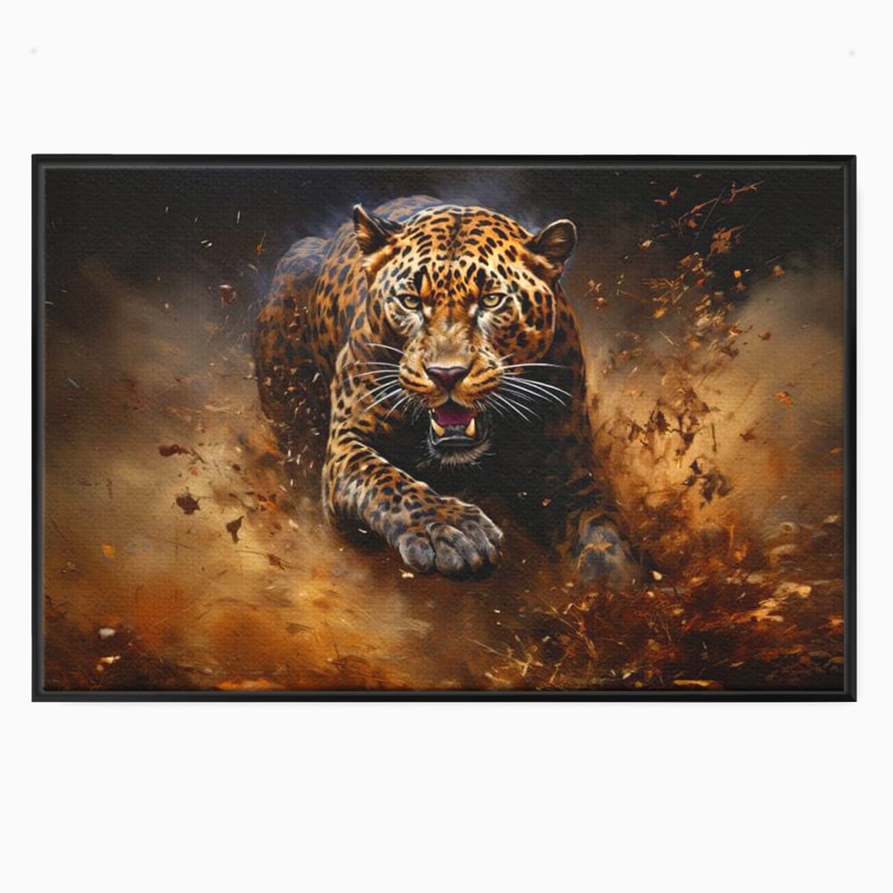 Leinwand Wandkunst Canvas Premium, LuxCanva® M1169, Feline Tornado, Leopard, Geschwindigkeit, Wild, Jagd, Feline, Tier, Natur, Dschungel, Dynamik, Kraft, Staub, Mut, Büro, Wohnen, Kinderzimmer