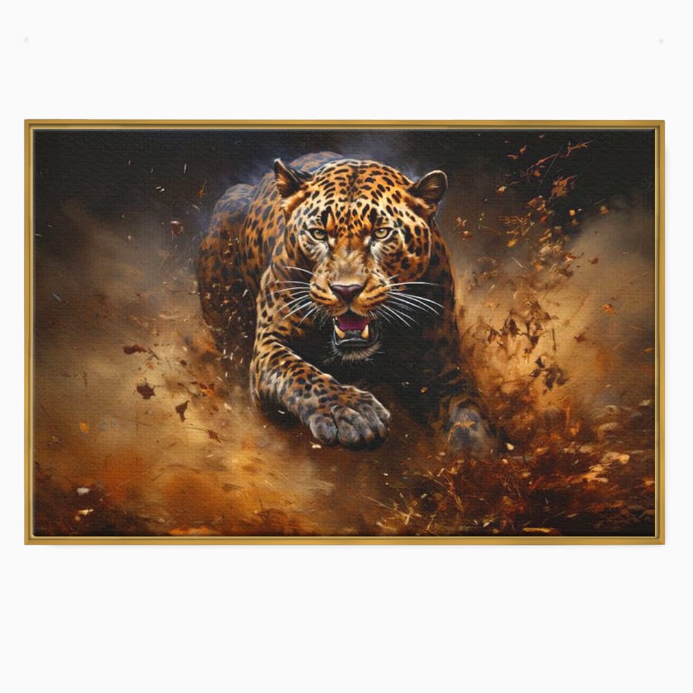 Leinwand Wandkunst Canvas Premium, LuxCanva® M1169, Feline Tornado, Leopard, Geschwindigkeit, Wild, Jagd, Feline, Tier, Natur, Dschungel, Dynamik, Kraft, Staub, Mut, Büro, Wohnen, Kinderzimmer
