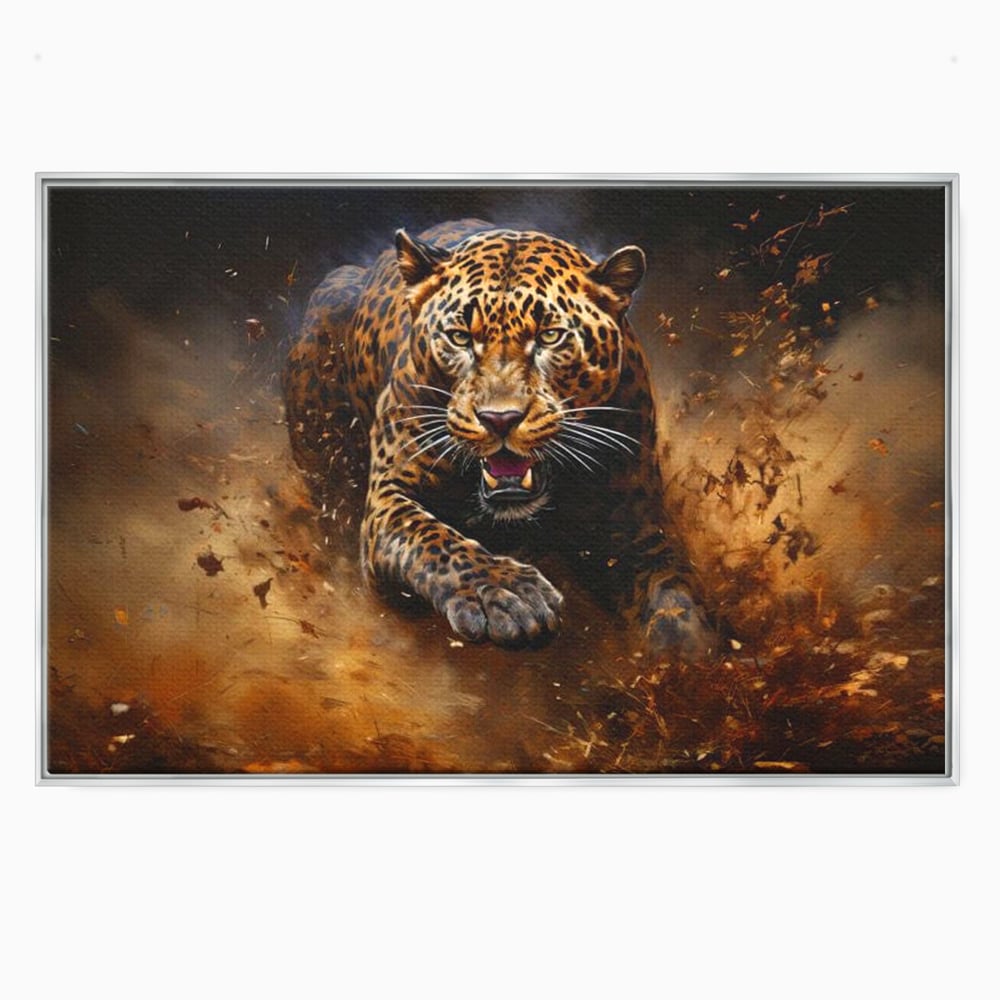 Leinwand Wandkunst Canvas Premium, LuxCanva® M1169, Feline Tornado, Leopard, Geschwindigkeit, Wild, Jagd, Feline, Tier, Natur, Dschungel, Dynamik, Kraft, Staub, Mut, Büro, Wohnen, Kinderzimmer