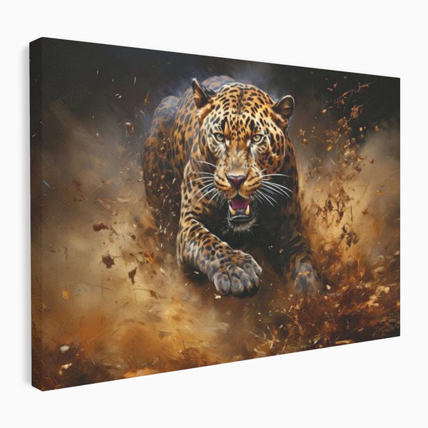 Leinwand Wandkunst Canvas Premium, LuxCanva® M1169, Feline Tornado, Leopard, Geschwindigkeit, Wild, Jagd, Feline, Tier, Natur, Dschungel, Dynamik, Kraft, Staub, Mut, Büro, Wohnen, Kinderzimmer
